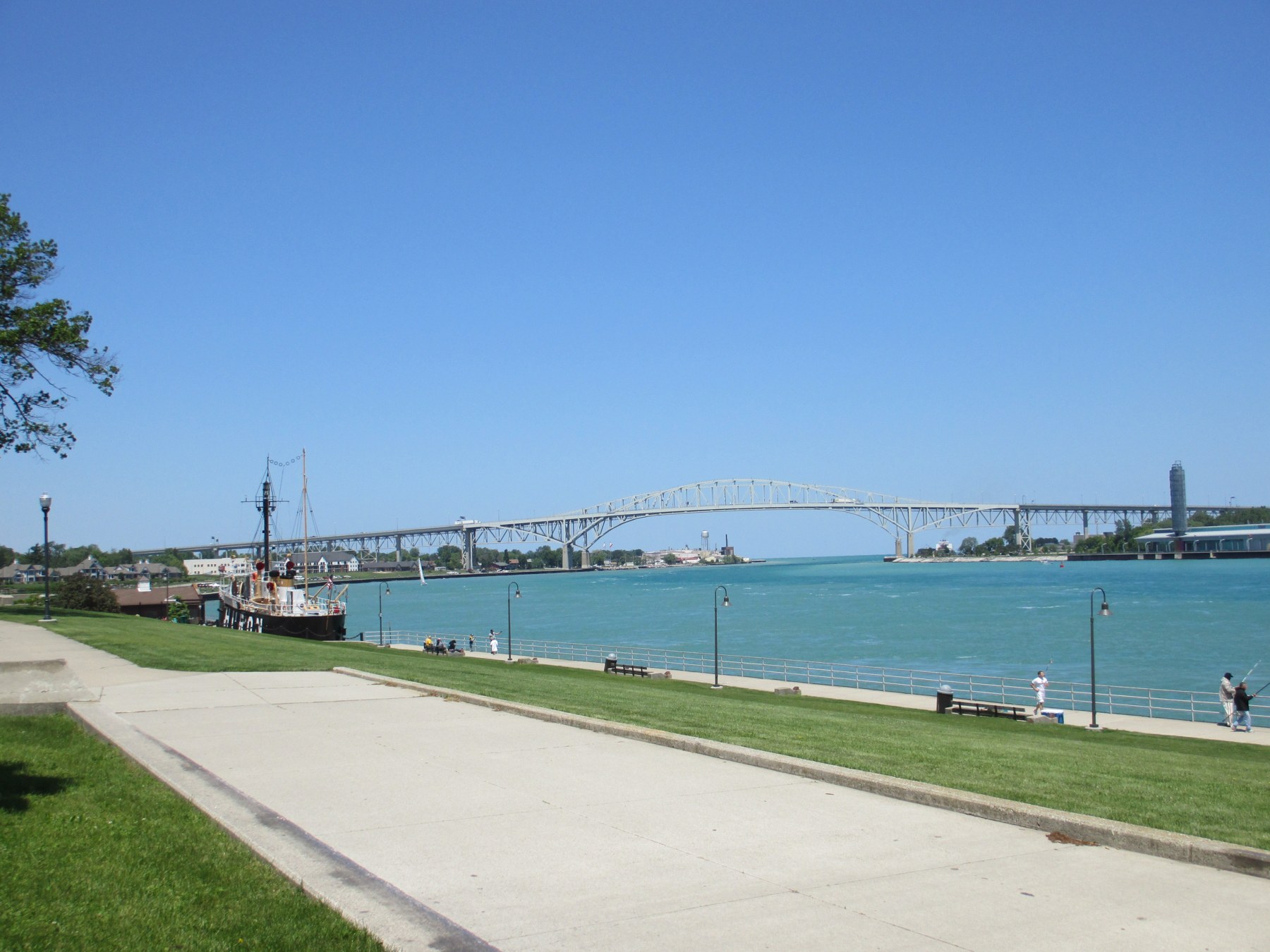St. Clair River and the Blue Water Bridge linking Port Huron and Sarnia, shown as regional waterway context for Aamjiwnaang.