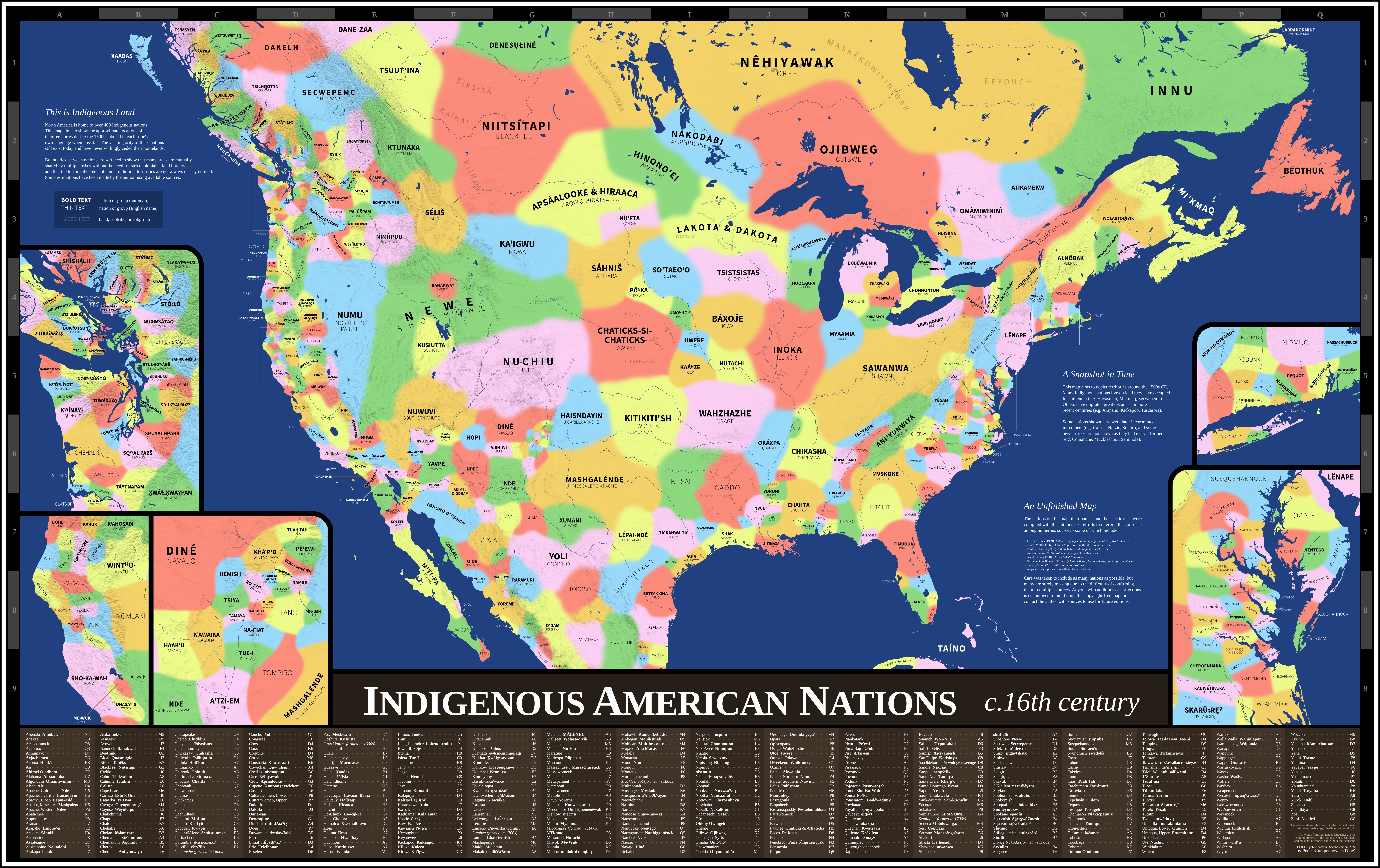 Peter Klumpenhower’s c. 16th-century reconstruction showing many Indigenous nations across North America, with regional inset maps and a name index. Areas are approximate and do not show fixed, comprehensive borders.