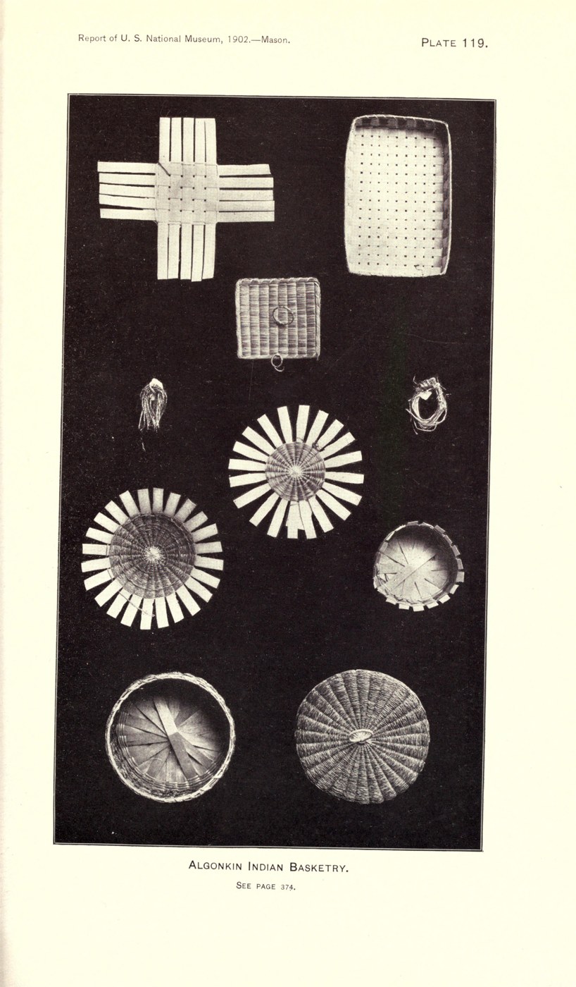 A historical plate of Caroline Masta’s Abenaki baskets and basketry in progress against a dark ground.