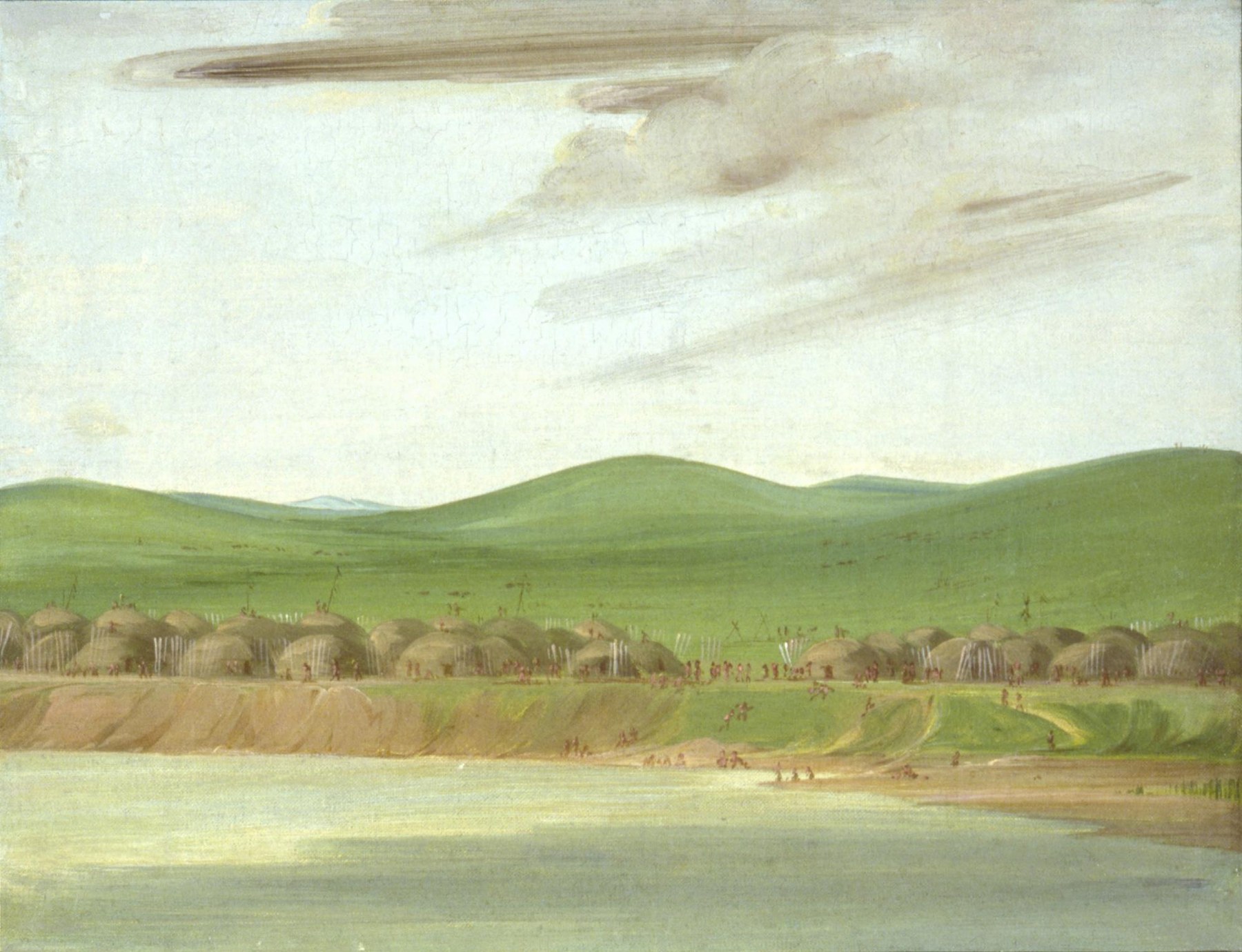 George Catlin’s painting of an Arikara riverside village, with earth-covered lodges and small figures beneath rolling green prairie hills.