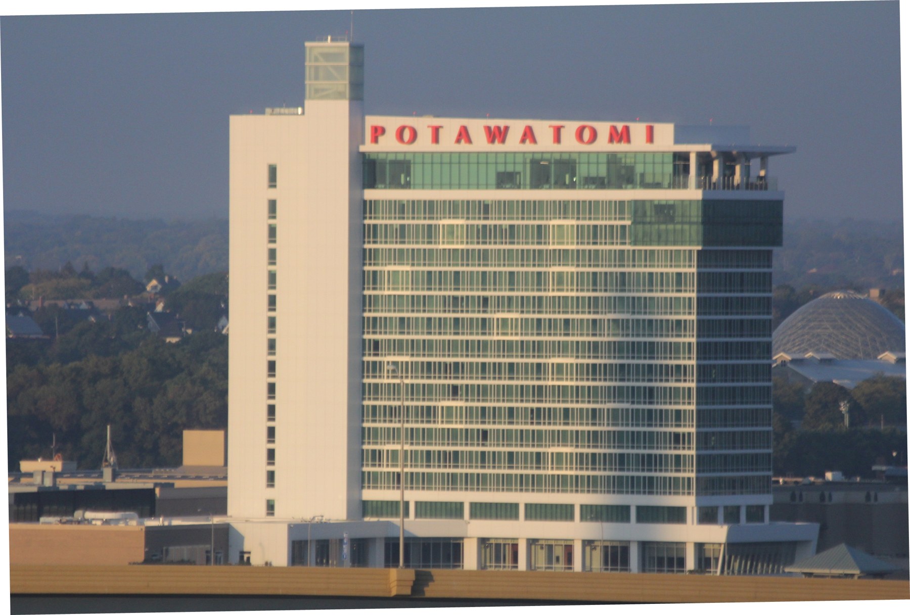 The Potawatomi hotel tower in Milwaukee with its red rooftop lettering, photographed in September 2015.