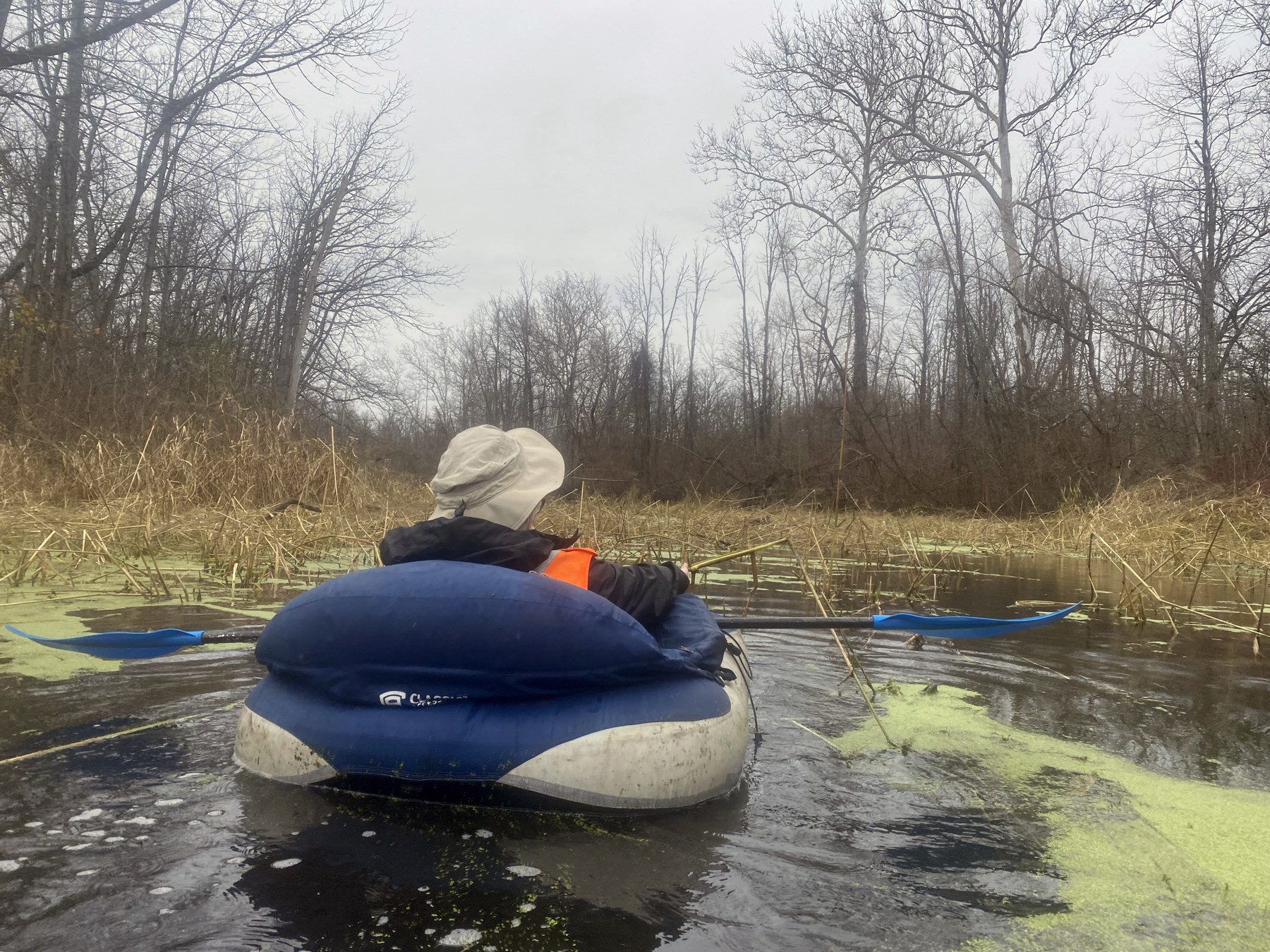 A researcher in a flotation tube paddles through wetland water amid reeds and leafless trees.
