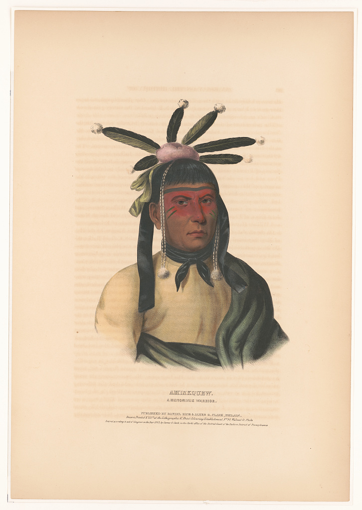 A hand-colored historical portrait print of Amiskquew, with the original printed caption beneath.