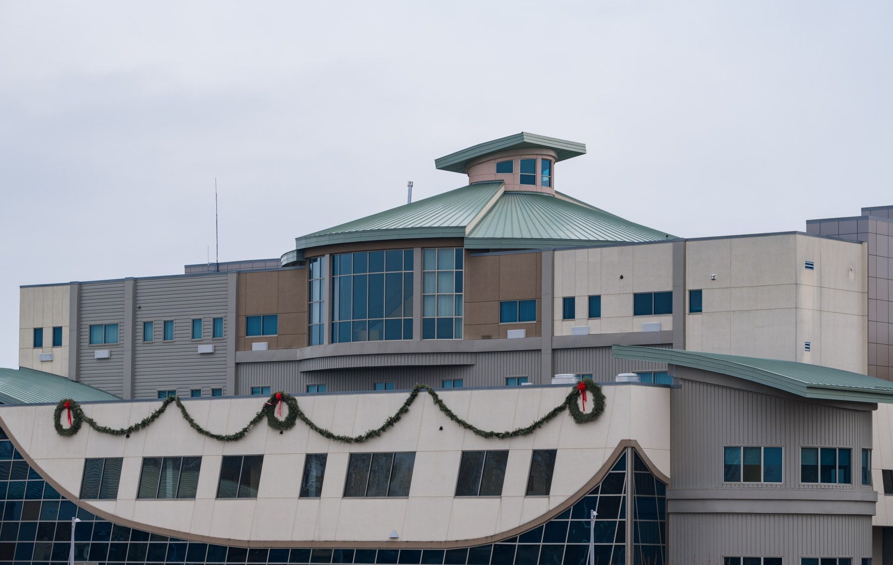 The St. Croix Casino building in Danbury with winter garlands, photographed in December 2018.