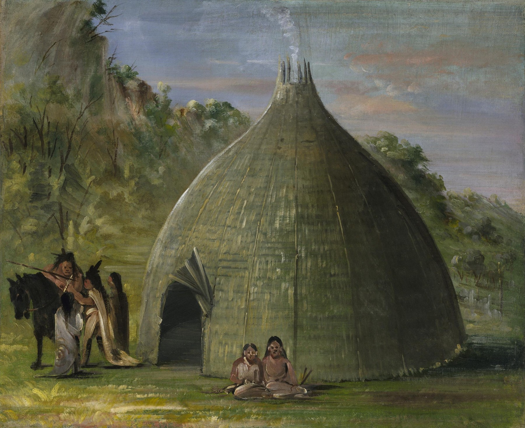 Catlin painting of a large rounded grass-thatched lodge, with several figures and a horse beside it and trees in the background.